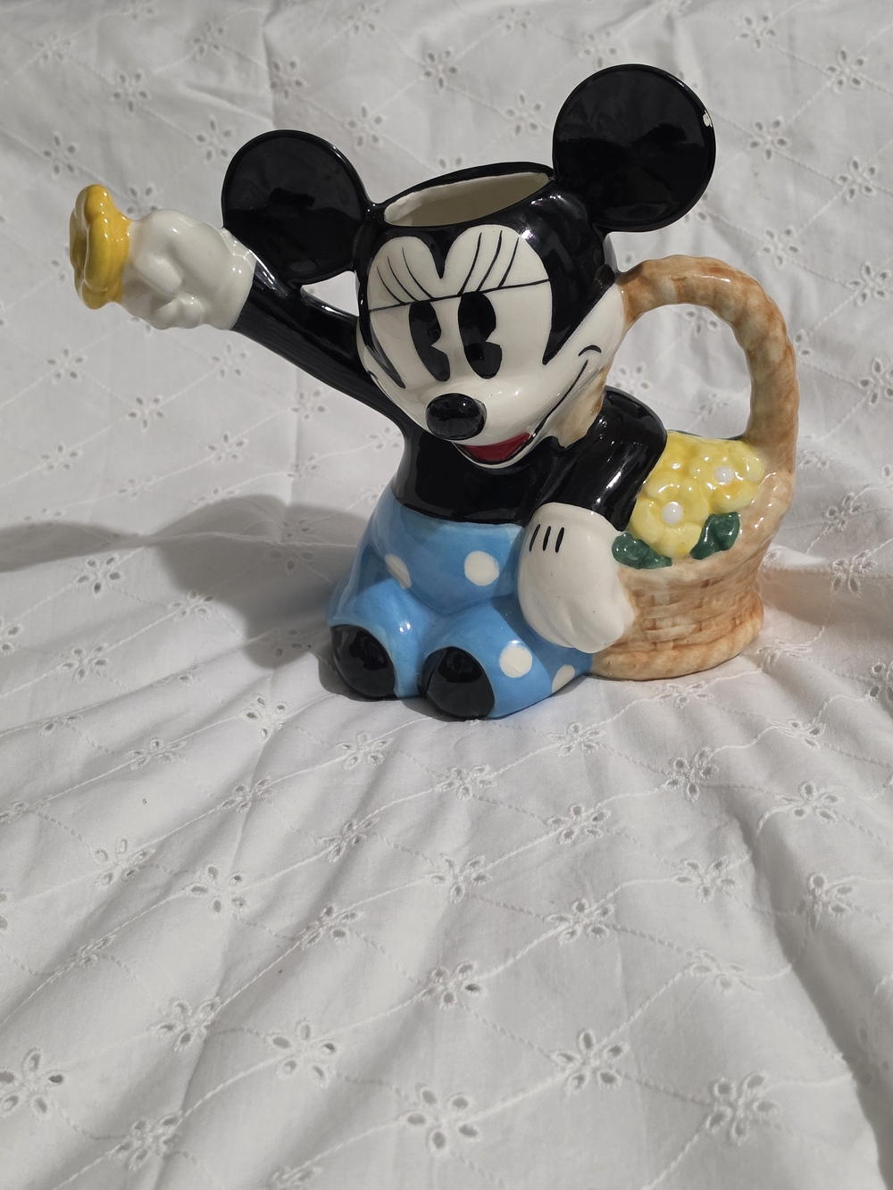 Vintage Minnie Mouse Ceramic Planter Pitcher – Polka Dot Blue Skirt